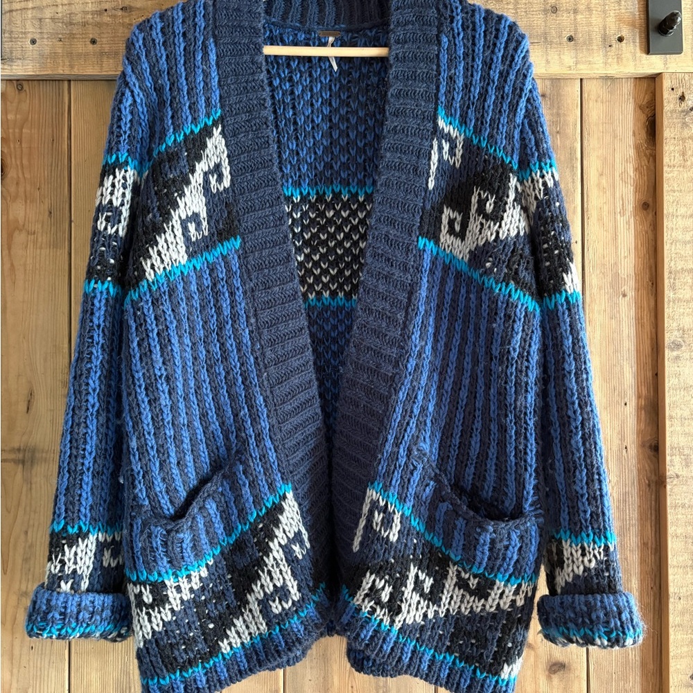 Free People Navy and Bright Blue Patterned Cardigan